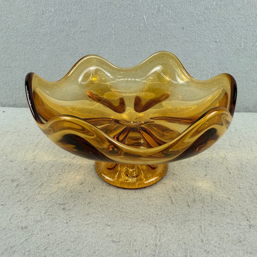Viking Glass Amber Epic Six Petal Ruffled Pedestal Bowl Mid Century Modern